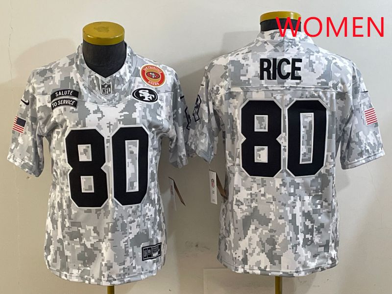 Women San Francisco 49ers 80 Rice Nike Arctic Camo 2025 Salute to Service Limited NFL Jersey style 6